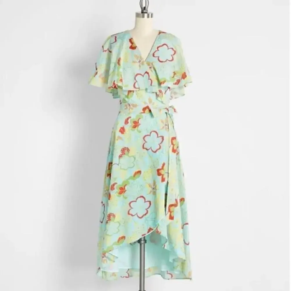ModCloth 100% Cotton Lift Your Wings Wrap Midi Dress Large Blue Green Floral